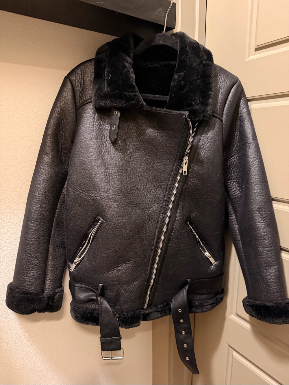 Black Faux Shearling Moto/Aviator Jacket - Women's